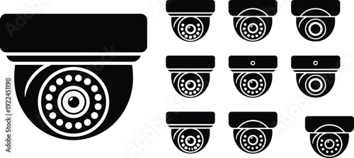 Security camera icon set featuring dome surveillance designs with lens, infrared LEDs, and housing variations symbolizing monitoring, privacy, safety, protection, and digital security graphics