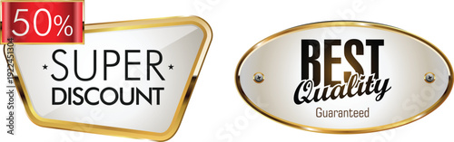 Two promotional badges showcasing a super discount and best quality guarantee