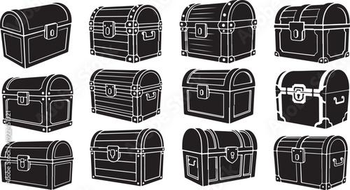 Collection of various treasure chests in black and white