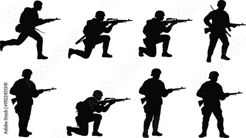 Silhouette illustration of armed soldier icons in tactical stances including running, kneeling, aiming, and standing with rifles, helmets, and gear for military design themes