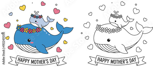 Happy Mother's Day Whale Illustration with Mother and Baby Whale, Adorable Flat Vector Cartoon, Colored and Outline Coloring Page Style with Banner and Hearts