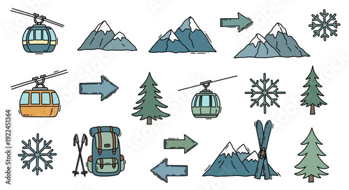 Ski Resort Icons Set with Mountains and Trees.