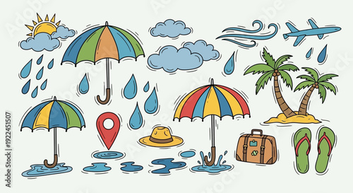 Colorful Beach Umbrellas and Travel Accessories.