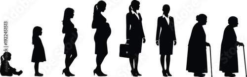 Set of black silhouettes showing life cycle of woman from childhood and pregnancy to professional career and elderly age with cane.