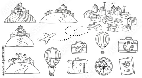 Travel Icons Set with Landmarks and Accessories.