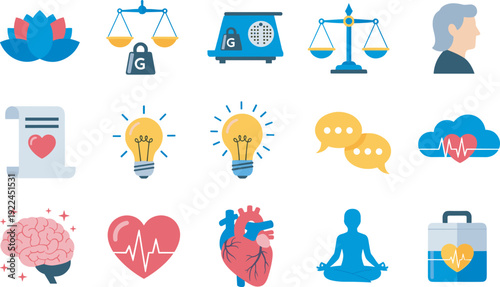 Mental health and physical wellness icons set featuring lotus flower, brain, heart rate, meditation, justice scales, lightbulb ideas, and healthcare symbols.