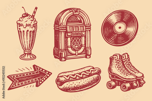Retro diner 1950s icons vintage engraving vector illustration