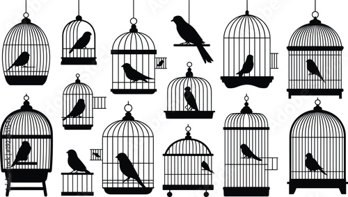 Silhouette illustration of birdcage icons with birds inside and outside cages, showcasing diverse cage designs for decorative, artistic, and conceptual design themes
