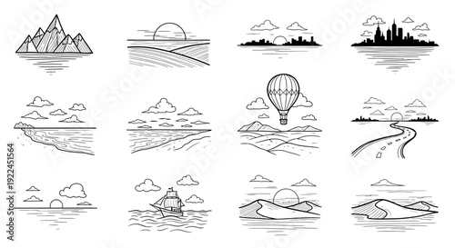 Collection of Simple Landscape Illustrations and Icons.
