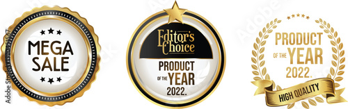 Three distinct award badges showcasing a sale and product of the year recognitions