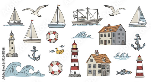 Collection of Nautical Illustrations and Symbols.