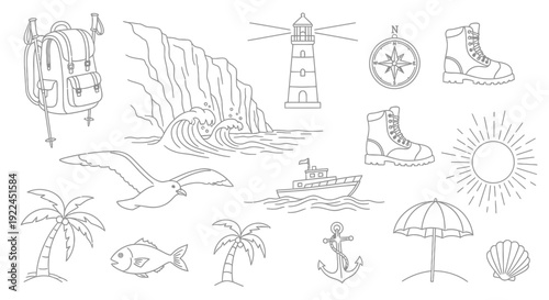 Collection of Various Travel Related Line Drawings.
