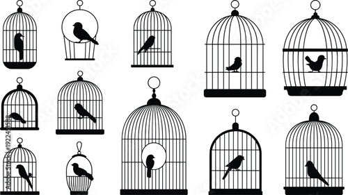 Silhouette illustration of birdcage icons with birds inside various cage designs, showcasing decorative, artistic, and conceptual themes of confinement and individuality