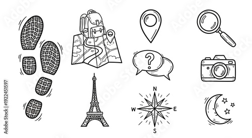Travel Icons Set with Landmarks and Symbols.