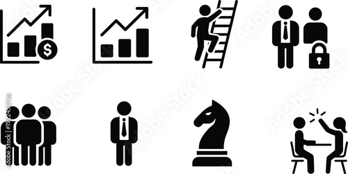 Silhouette illustration of business and professional icons including charts, teamwork, career growth, secure partnerships, strategy, and meetings for corporate and management themes