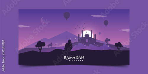 Ramadan Mubarak with night sky landsacpe background illustration template design