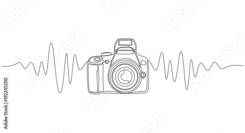 A continuous line drawing of a DSLR camera with a sound wave graphic emanating from its sides, symbolizing audio-visual integration.