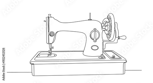 A detailed black and white illustration of a vintage sewing machine resting on a flat surface.