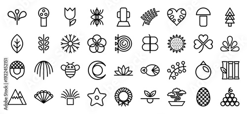 Botanical and nature line art icons for sustainable branding. Minimalist organic monoline symbols featuring flora, forest elements, and garden life illustrations.