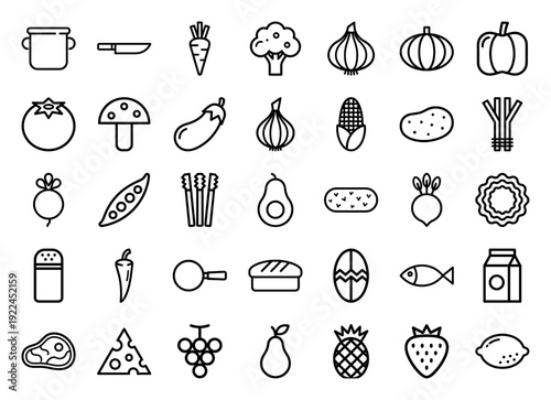 Food and cooking linear icons for recipe apps and restaurant branding. Minimalist monoline pictograms of fresh vegetables, meat, dairy, and kitchen tools.