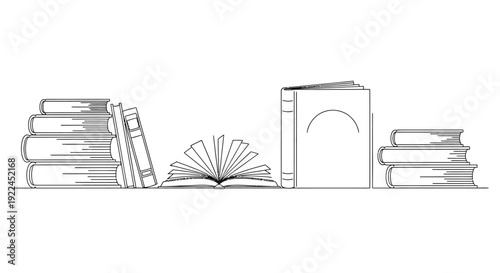 A minimalist line drawing depicts a bookshelf with several books, some stacked and others open, on a white background.