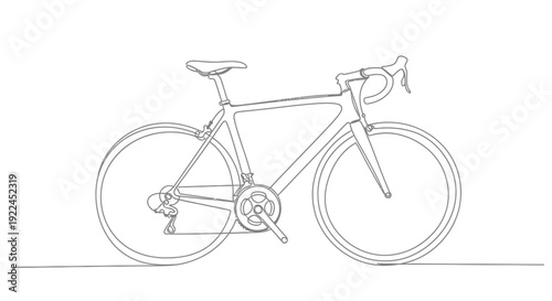A minimalist line drawing of a road bicycle, showcasing its frame, wheels, handlebars, and drivetrain.