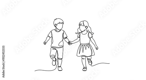 A simple line drawing depicts a young boy and girl holding hands while running together.