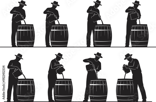 Winery worker silhouettes set pouring liquid into wooden barrels, traditional winemaking process icons, professional cellar staff manual labor isolated on white,