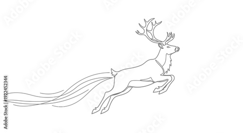 A majestic stag with large antlers leaps gracefully with a flowing tail.