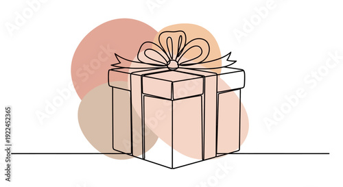 A minimalist line drawing of a gift box with a bow, set against abstract pastel shapes.
