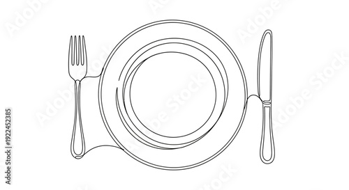 A minimalist line drawing of a dinner plate with a fork and knife on a white background.