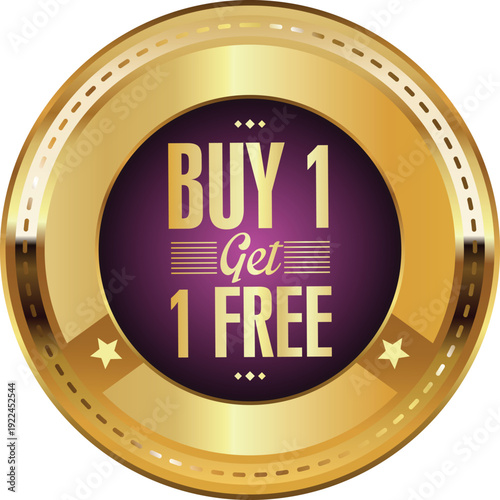 Golden badge showcasing a promotional offer of buy one get one free with stars