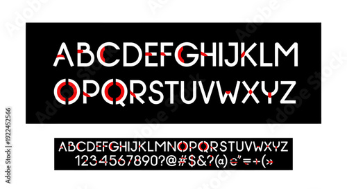 A stencil font alphabet with red markings showing cutouts and a complete character set below.