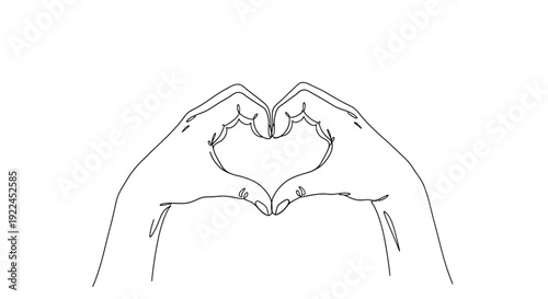 A minimalist line drawing of two hands forming a heart shape against a white background.