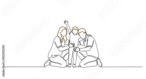 A minimalist line drawing depicts a loving family of three, with parents kneeling and embracing their child who is raising a hand in the air.