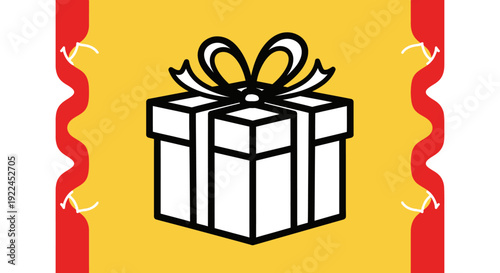 A stylized illustration of a white gift box with a ribbon and bow on a yellow background with red decorative borders.