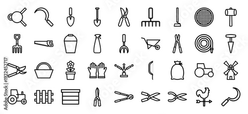Agriculture and gardening equipment monoline icons for landscaping services. Professional black outline pictograms featuring farming tools and outdoor maintenance elements.