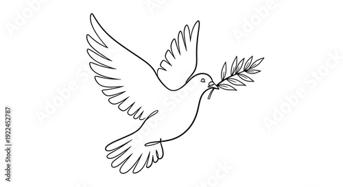 A simple, elegant line drawing of a dove in flight, carrying a sprig of leaves in its beak, symbolizing peace and hope.