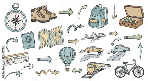 Travel Accessories and Transportation Icons Set.