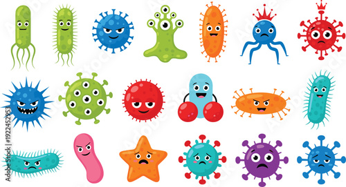 Cute cartoon virus and bacteria character collection with colorful funny microorganisms expressing emotions for kids education medical awareness and playful science illustration designs