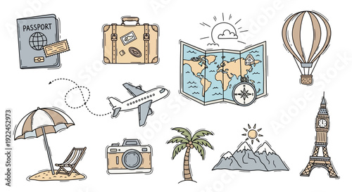 Travel icons set with landmarks and objects.