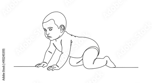 A simple line drawing of a baby crawling on all fours, looking ahead with curiosity.