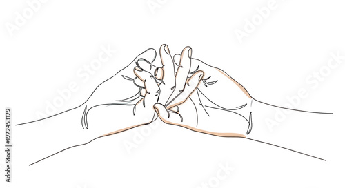 A line drawing depicting two hands with fingers intertwined, forming a symbolic gesture or mudra.