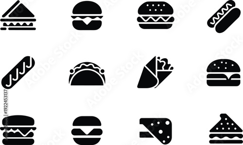 Silhouette illustration of fast food icons including sandwiches, hamburgers, hot dogs, tacos, wraps, quesadilla, and bread slices for culinary, menu, and food design themes