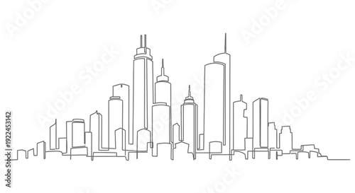 Continuous line drawing of a modern city skyline featuring various tall buildings and skyscrapers against a clean white background.
