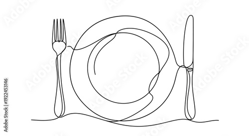 Continuous line drawing of a dinner plate, fork, and knife on a white background, representing a minimalist dining setup.
