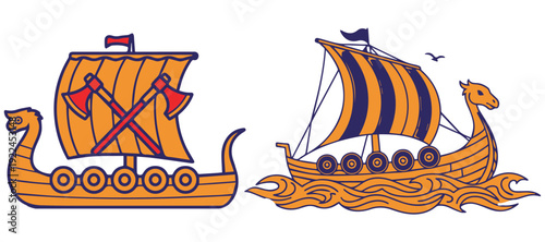 Orange and blue viking ships with striped sails vector design eps 10