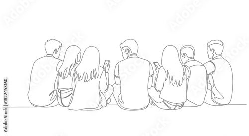 A continuous line drawing of a group of young people sitting together, looking at their phones from behind.