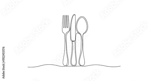 Continuous line drawing of a fork, knife, and spoon standing upright on a white background.