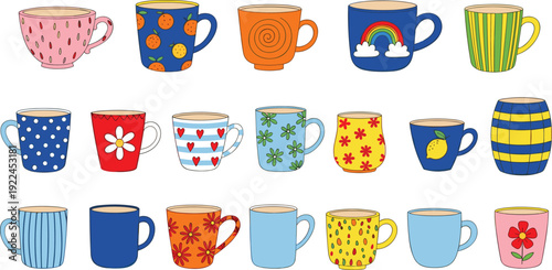 Colorful coffee and tea mug illustration set with various patterns shapes and designs isolated on white background for kitchen decor beverage branding and cozy lifestyle graphics